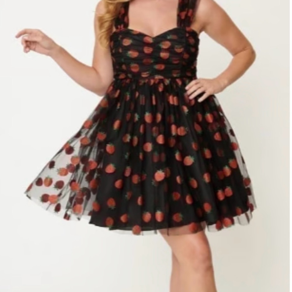 Unique Vintage Glitter Strawberry Black Tulle Baby Doll Dress Retro 3x 20 NWT